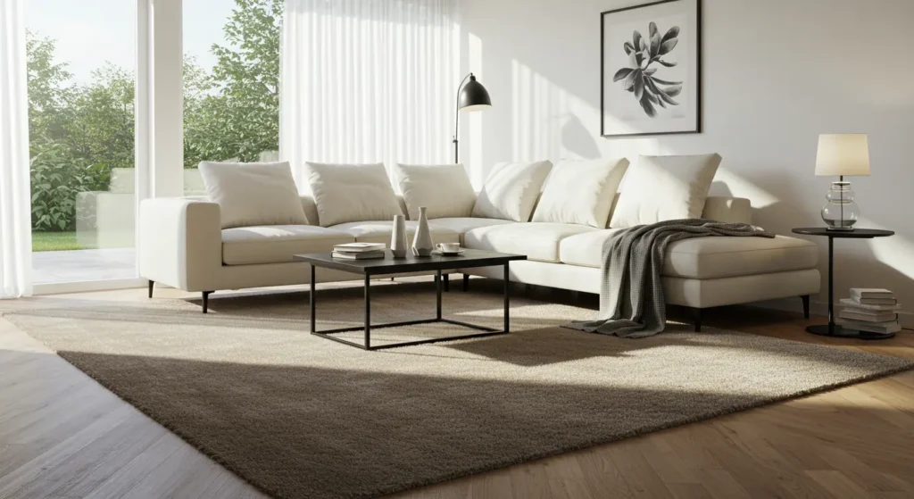 Spotless modern living room with clean floors, dust-free furniture, and bright natural light after professional home cleaning